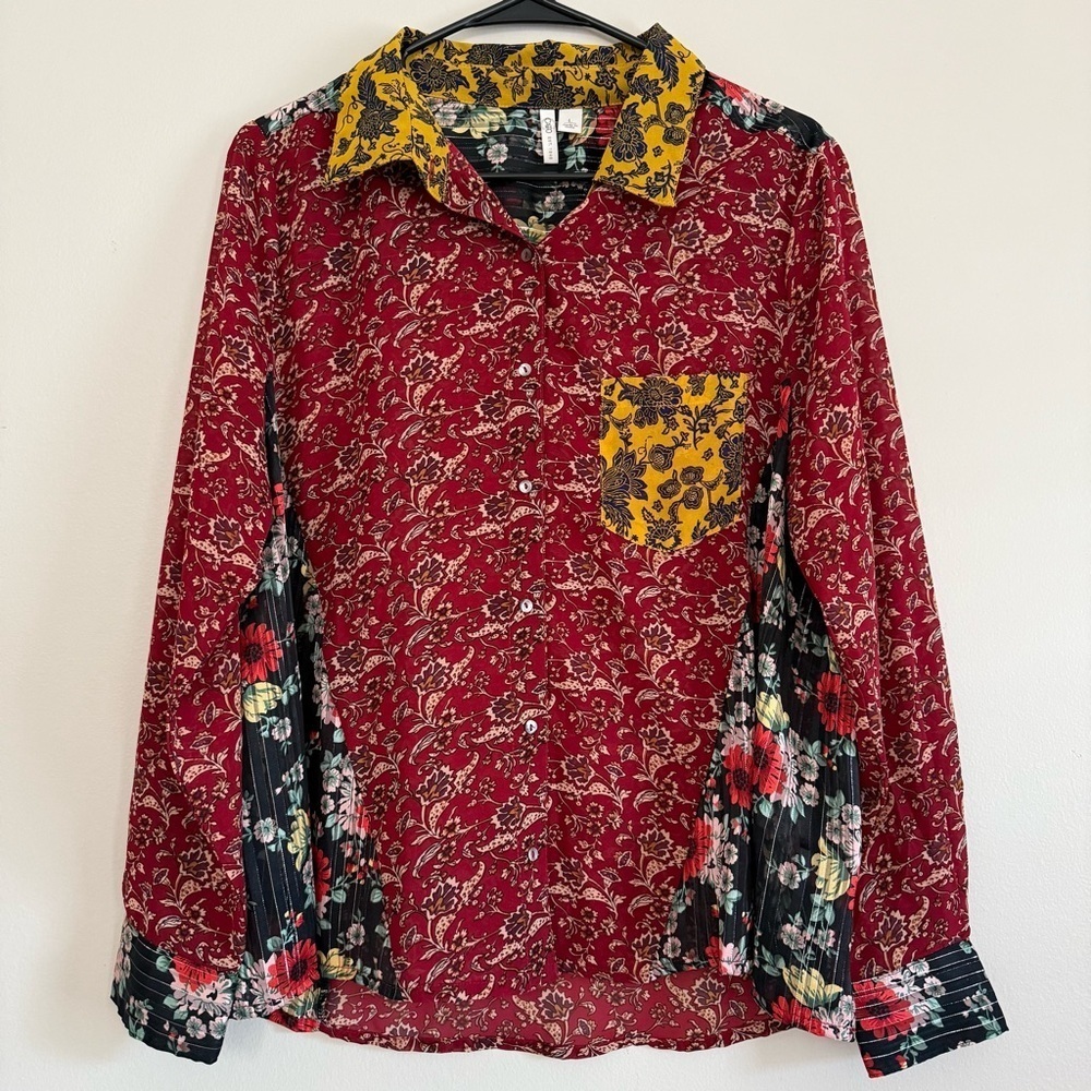 Cato Boho Hippie Floral Cottagecore Retro Patchwork Button Down Blouse Size L